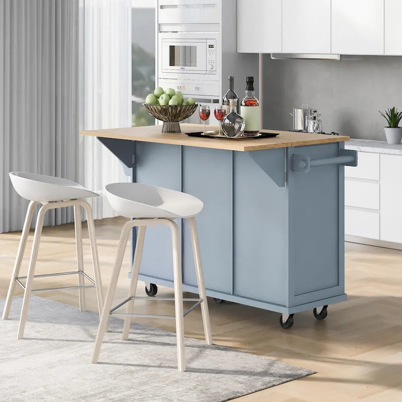 White Rolling Kitchen Island Cart with 5 Wheels Drop Leaf Rubberwood Top 3 Drawers and Spice Rack