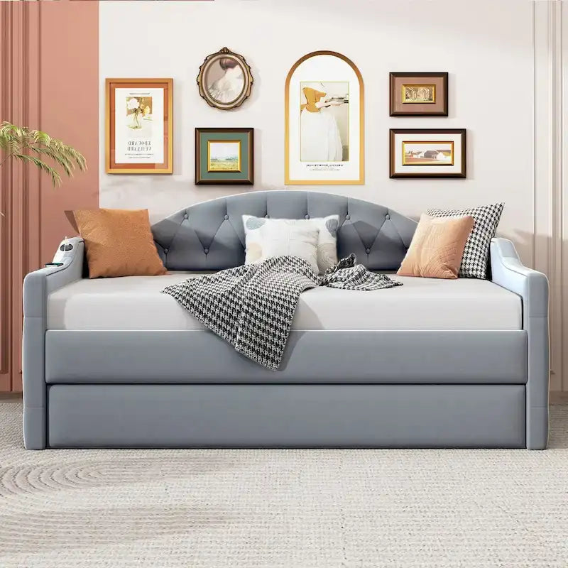 Twin Size Tufted Upholstered Daybed with Trundle �C Velvet Sofa Bed with USB & Type-C Charging Ports, No Box Spring Needed