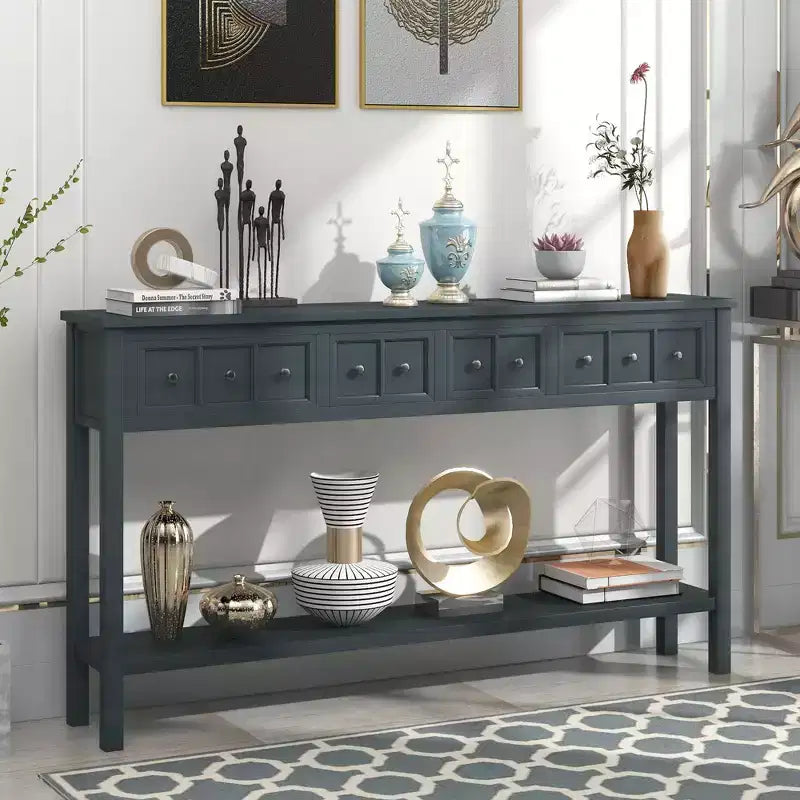 60 Rustic Console Table with 4 Drawers and Bottom Shelf, White