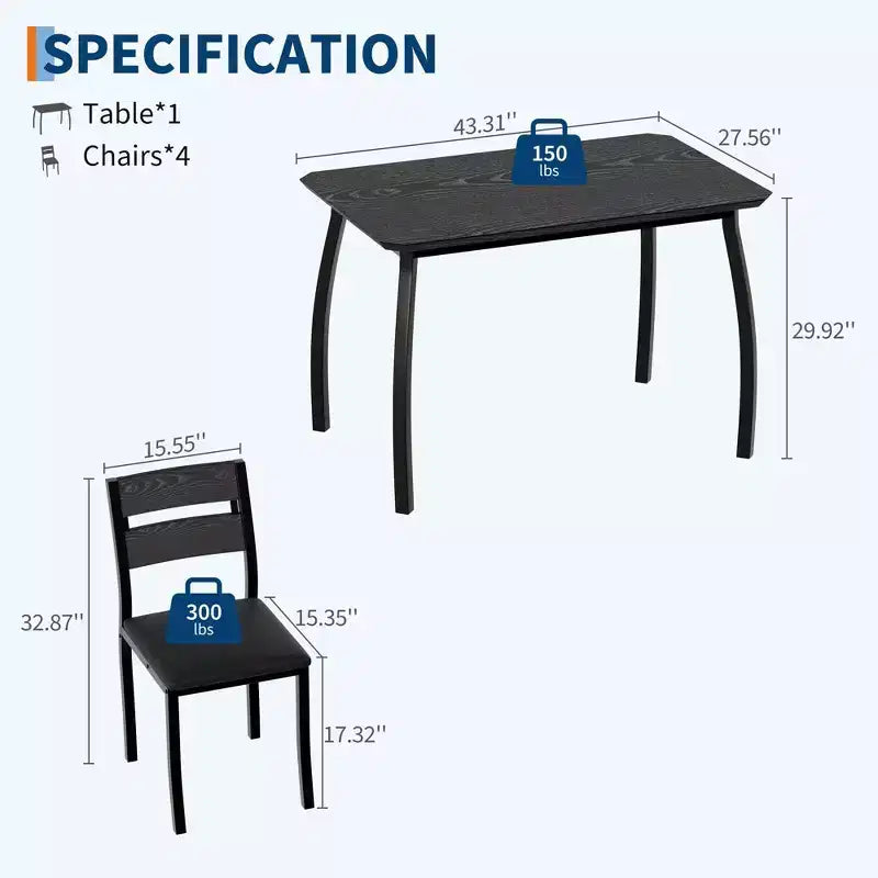 5 Piece Dining Table Set for 4, Modern Kitchen Table with Upholstered Chairs & Iron Frame, Wood Dining Room Furniture Set for Small Spaces
