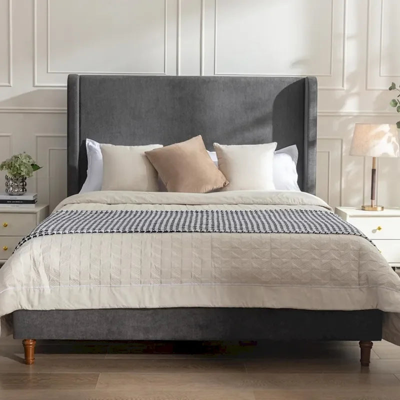 Tall Wingback Boucle Upholstered Bed Frame with Wooden Slat Base