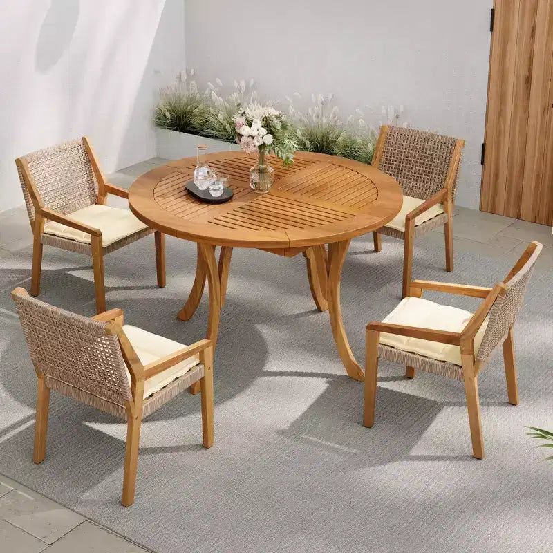 NAYSAYE Patio Dining Sets Outdoor Acacia Wood Table with Wicker Chairs and Cushions for Garden Patio, Teak, 23.5*21.25*32