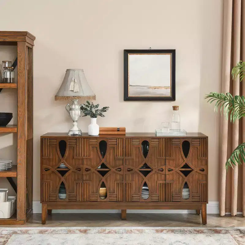 Mid Century Modern Accent Cabinet with 4 Hollow Carved Doors and Outlet Holes, Sideboard Buffet Cabinet with Storage Shelves for Kitchen, Living Room
