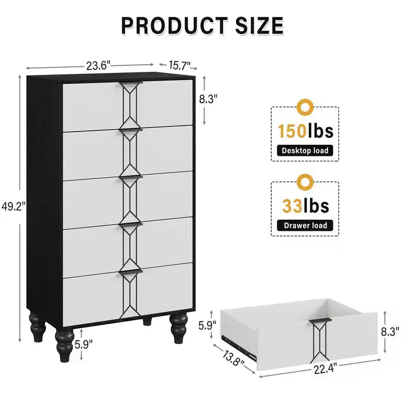 Whizmax Modern Wooden 5 Drawer Dresser with Vintage Pattern Design, Tall Dresser with Deep Drawers for Bedroom and Living Room, Black and White