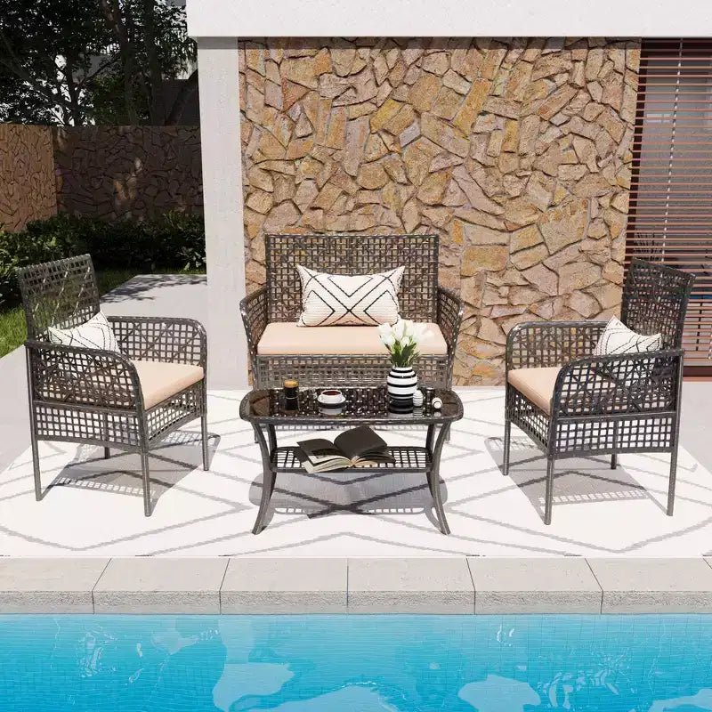 Whisen Patio 4 Pieces Outdoor Sofa Set, 4-person Patio Garden Wicker Conversation Seating Set with Tempered Glass Table and Soft Cushions