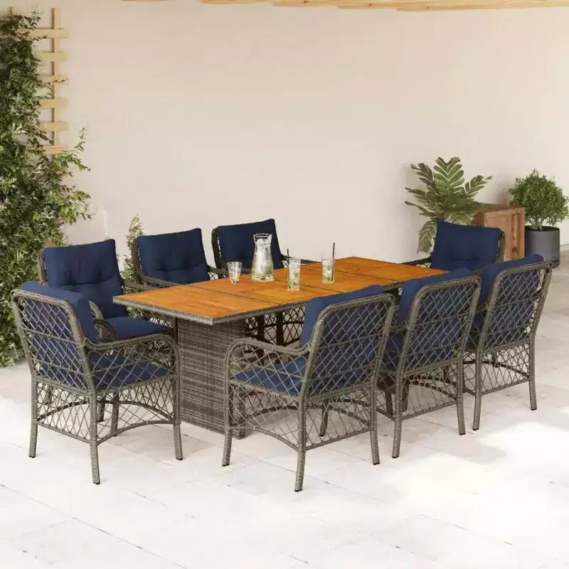 vidaXL 9-Piece Outdoor Patio Dining Set in Gray with Navy Cushions, PE Rattan and Acacia Table Top, Weather-Resistant Garden and Deck Furniture