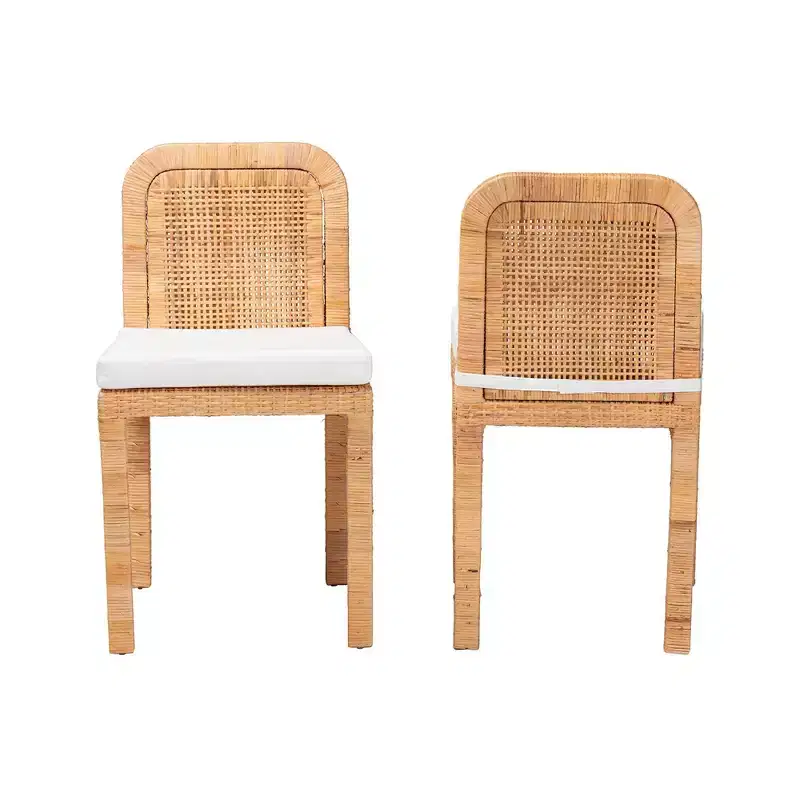 2pc ZariahRattan and Mahogany Wood Dining Chairs White/Natural Brown - Baxton Studio: Handcrafted, Cushioned, No Assembly Required