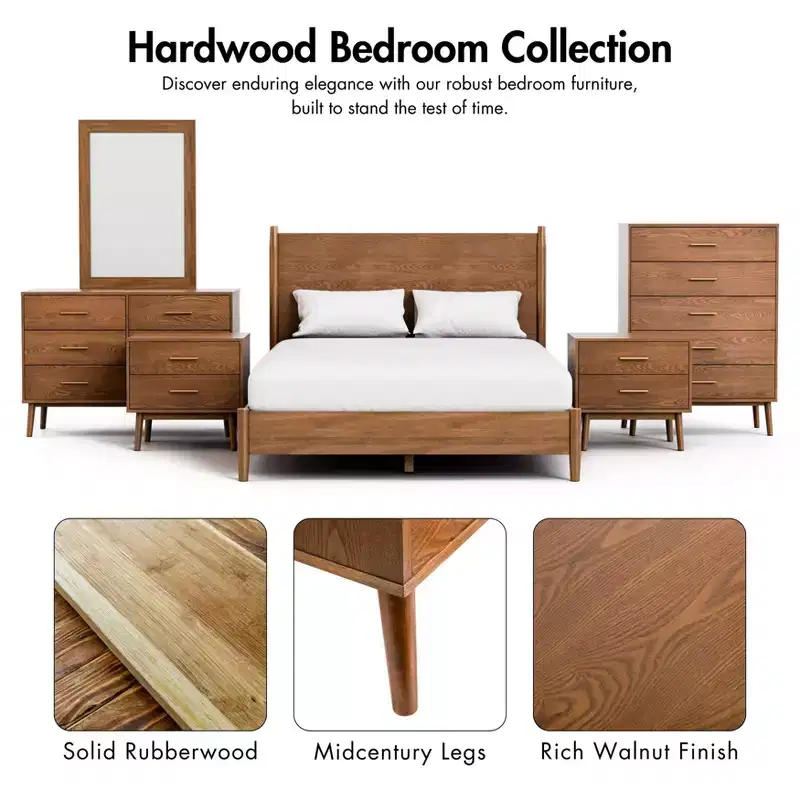HOMES: Inside + Out 3pc Full Riverstone Mid-Century Modern Bedroom Set with 2 Nightstands Walnut