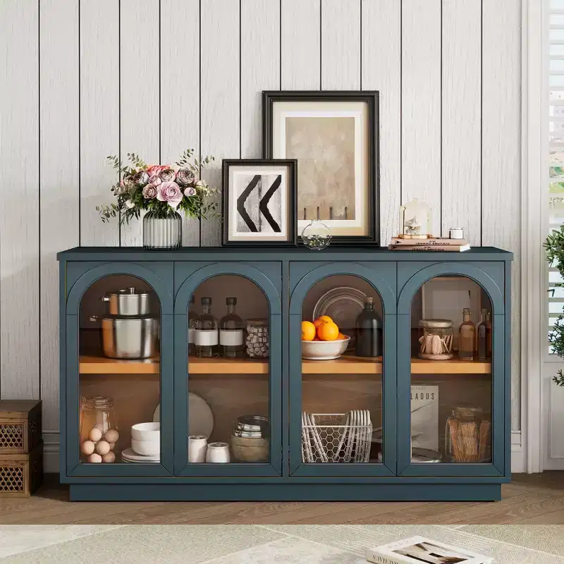 4-Door Buffet Cabinet with Arched Glass Doors and Adjustable Shelves