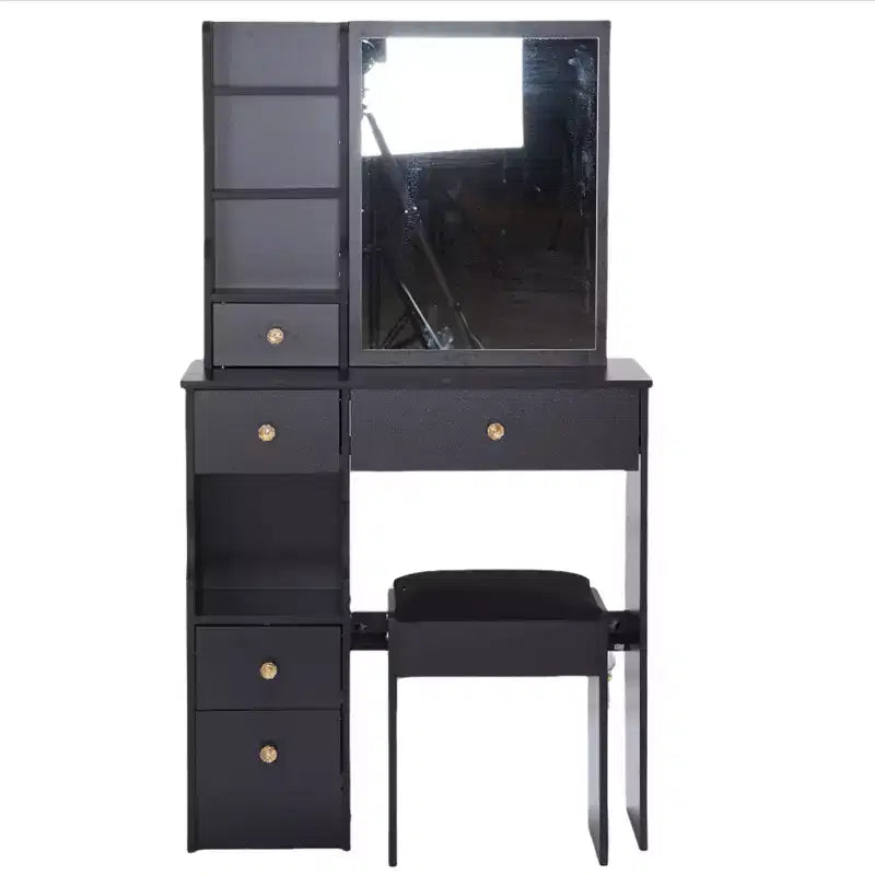 Small vanity table with left drawer, extra-large sliding mirror, cushioned stool, multiple layers and large capacity.