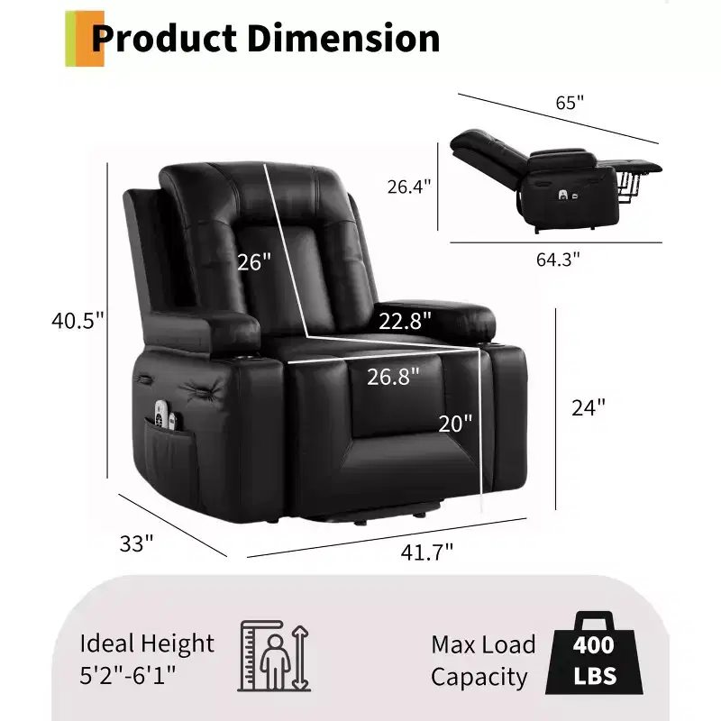 Oversized Power Lift Recliner Chair with Heat & Massage, PU Leather Electric Lift Chair for Elderly & Mobility Impaired, Adjustable Backrest & Leg