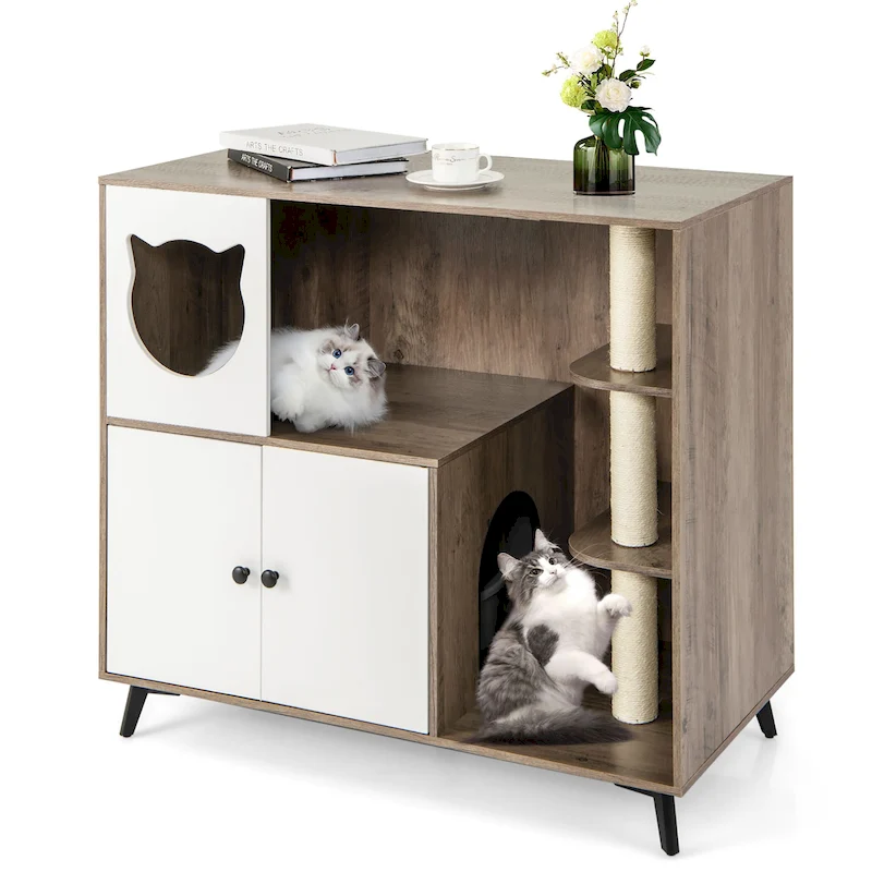 Grey & White Wood Top Cat Litter Box Enclosure with Tree Tower, for 1–2 Cats