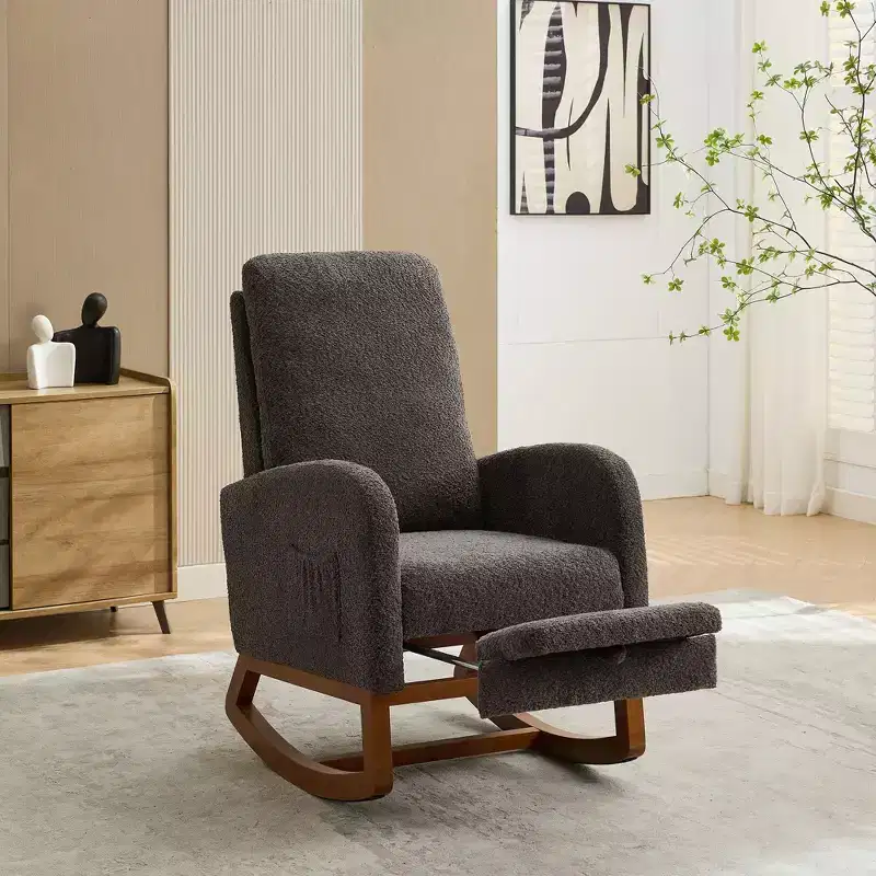 Rocking Accent Chair with High Back Glider, Side Pocket & Retractable Footrest for Living Room, Bedroom & Nursery