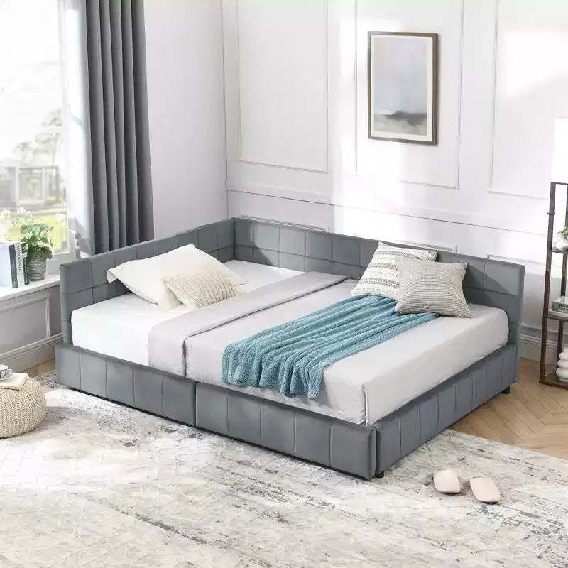 MAYEERTY Full Size Storage Upholstered Tufted Bed Frame with Backrest and Armrests for Bedroom Living Room Dark Gray