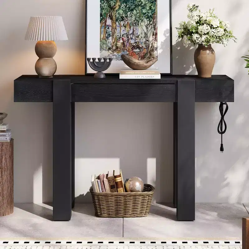 Console Table with Storage Drawer, Wood Veneer Sofa Table, Narrow Entryway Table for Living Room or Home Office