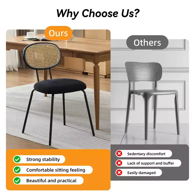 Set of 2 Mid-Century Modern Velvet Dining Chairs, Rattan Backrest & Sturdy Metal Legs, Upholstered Seating for Kitchen Living Room