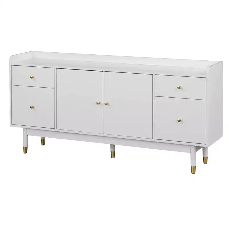 Mid Century Modern Buffet White: Storage, Gold Accents, 4 Drawers, Adjustable Shelf