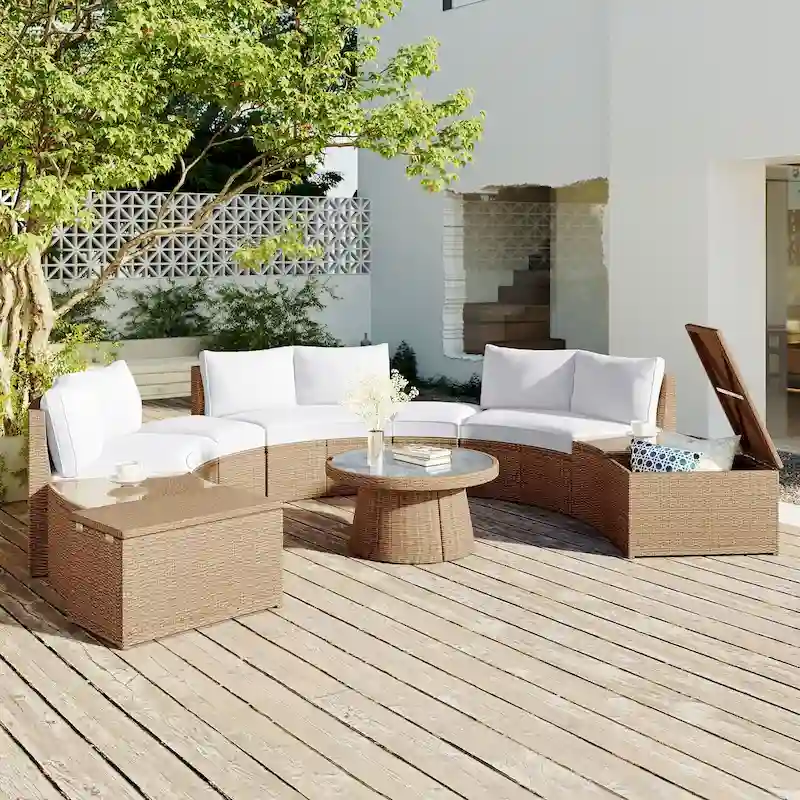 Outdoor 10-Piece Rattan Modular Sectional Sofa Set with Coffee & Side Tables