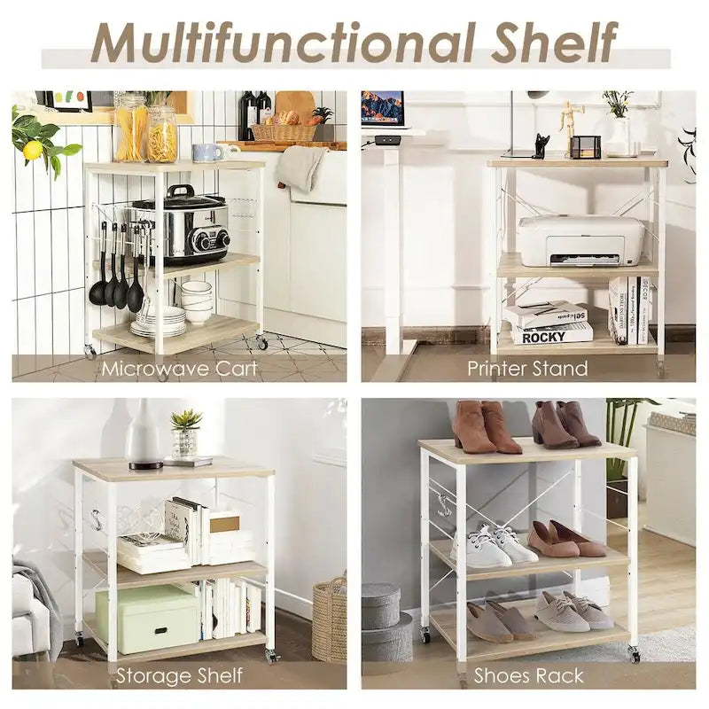 Rustic Brown 3-Tier Rolling Baker's Rack Microwave Cart with S-Hooks