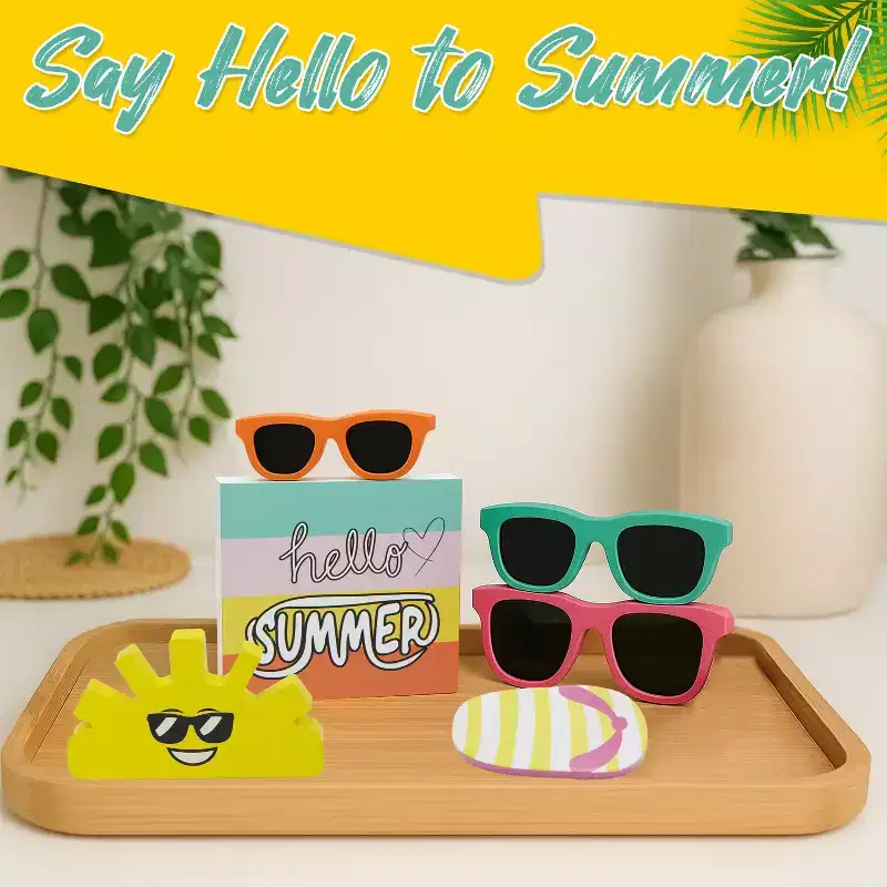 4E's Novelty 6-Piece Summer Wooden Signs  Rustic Hello Summer Wood Sign Set for Table, Mantel, or Party Decor