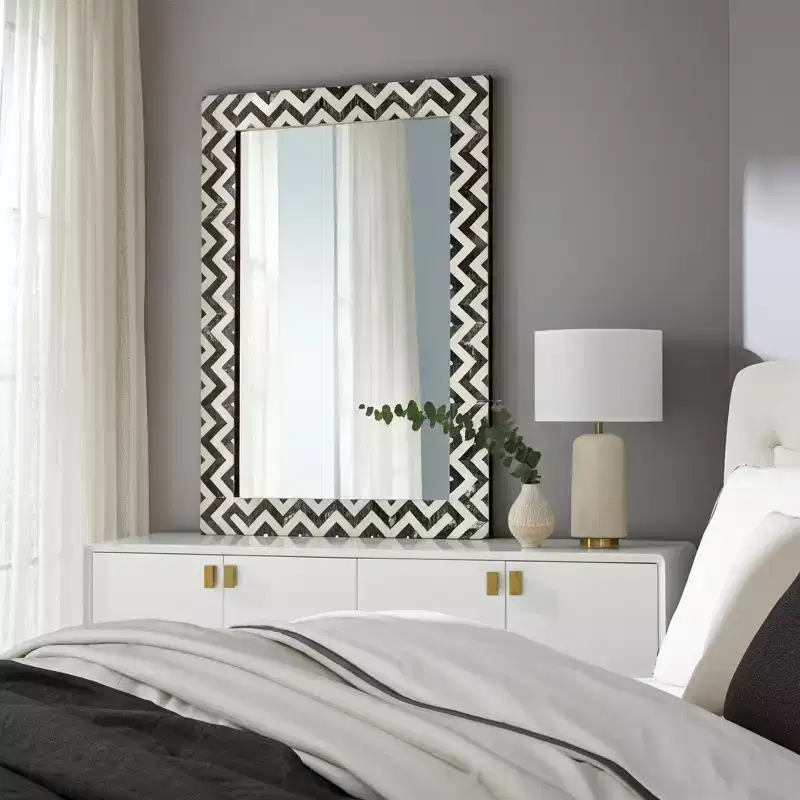 Wall Mirror Resin Wood Glass Modern Chevron Frame 24x1x36 Inch Gray White Decorative Accent for Home Office Bedroom Living Room