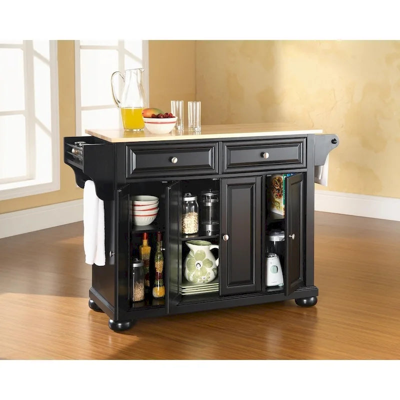 Black Stationary Kitchen Island with Natural Wood Top 2 Drawers and 4-Door Cabinet