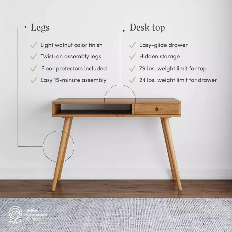 Parker Mid-Century Desk with Drawer Acacia Light Brown: MDF Top, Solid Wood Legs, Home Office Furniture