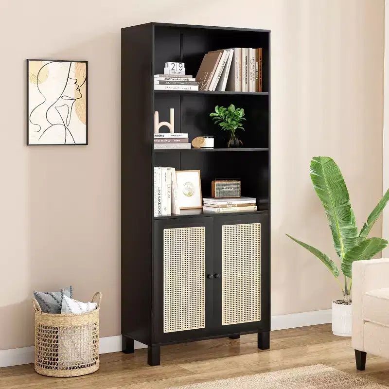 5-Tier Tall Decorative Bookshelf with Rattan Doors, Display Cabinet, 70.9