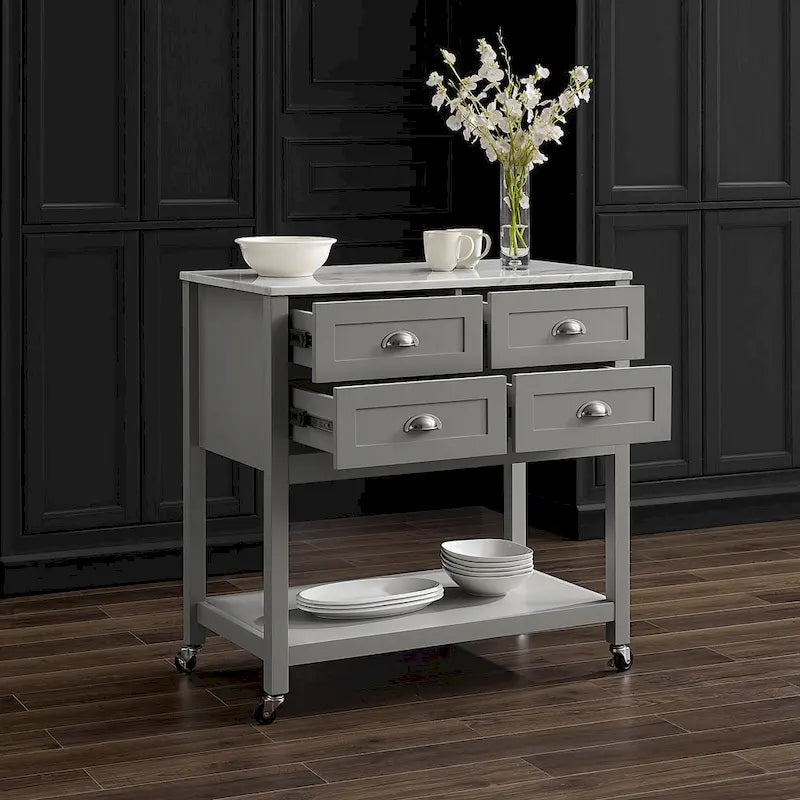 Modern Farmhouse Kitchen Island Cart with 4 Drawers Faux Marble Top and Casters