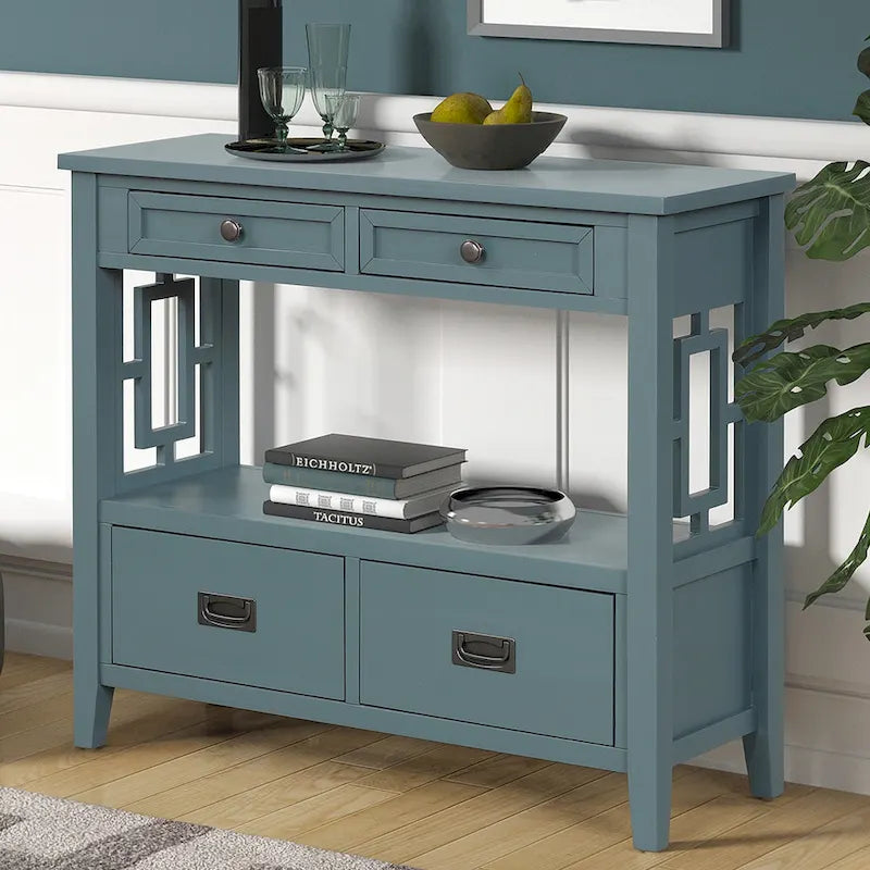 36 in. Farmhouse Pine Wood Console Table with 4 Drawers and Open Shelf