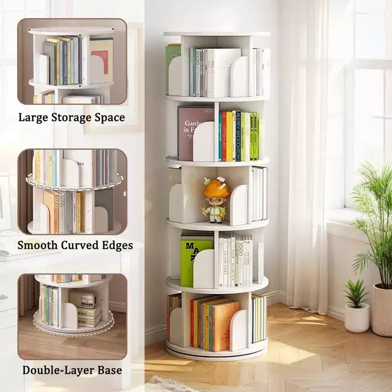 5-Tier 360�� Rotating Bookshelf Tower, Natural Wood