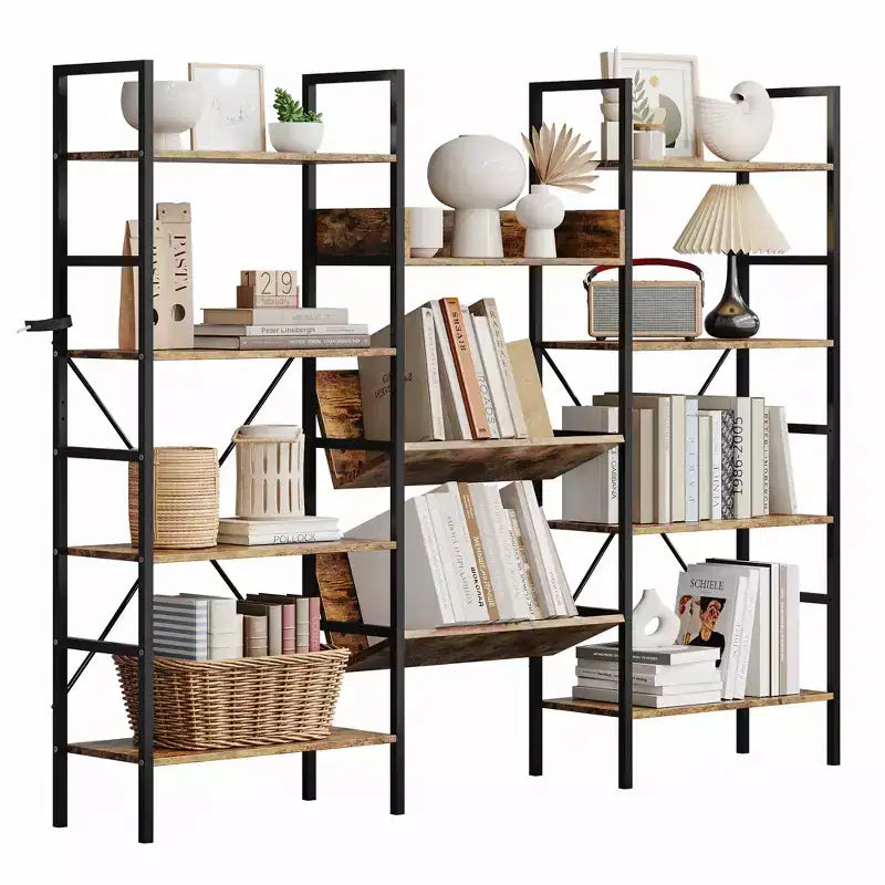 4-Tier Industrial Bookshelf, Triple Column Open Display, 72.8W
