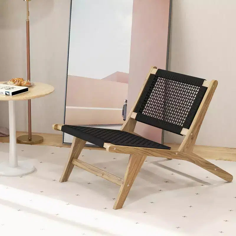 Costway Mid Century Modern Teak Wooden w/ Handwoven Cordage Seat & Backrest for Patio