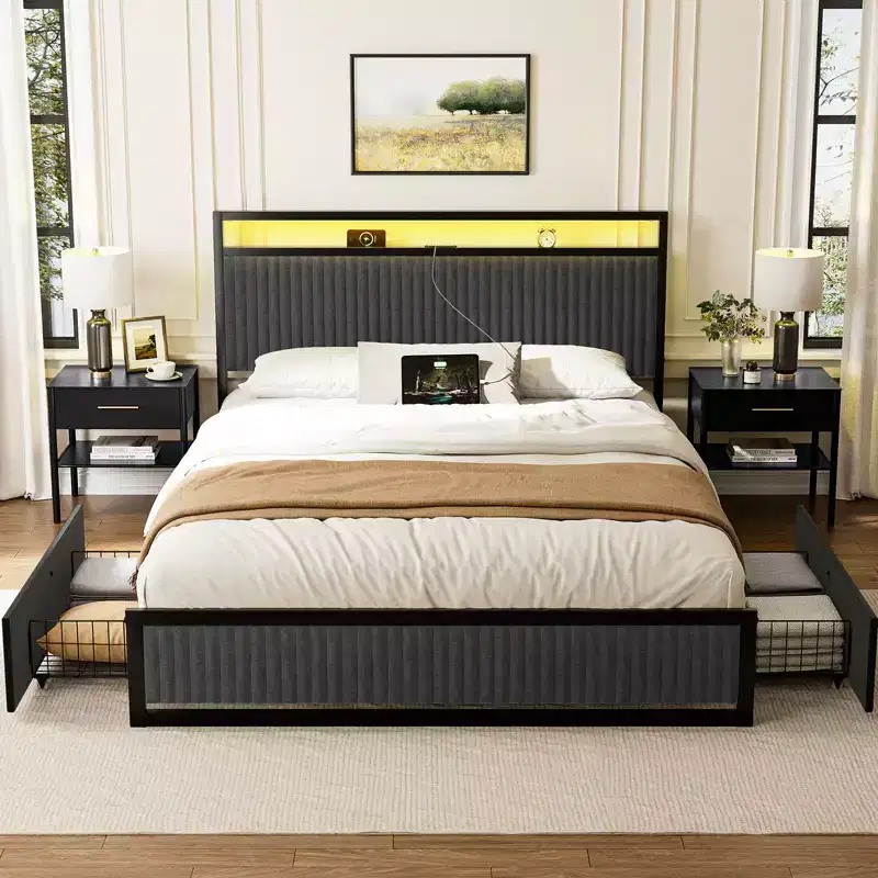 Hausource Upholstered Bed Frame with 2 Storage Drawers, LED Headboard, USB Ports, Dark Gray