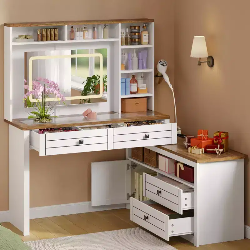 GustoWave Vanity Desk with Glass Top & Charging Station, Touch Screen Mirror and Lights, Makeup Vanity with 5-Drawer, 6 Open Storage Shelves, Antique
