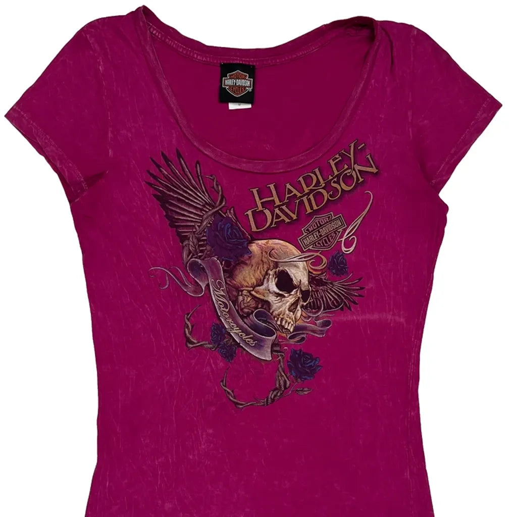 Skull With Wings And Roses Harley Davidson Graphic T-Shirt - Medium Pink Cotton