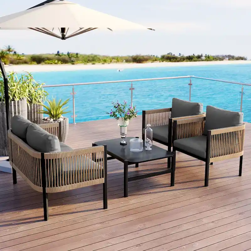 Outdoor Sofa Set with Tempered Glass Table for Garden (Set of 4)