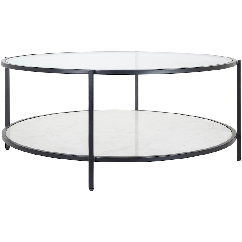 Glass Round Coffee Table 14H x 36W x 36D Two-Tier Metal Frame