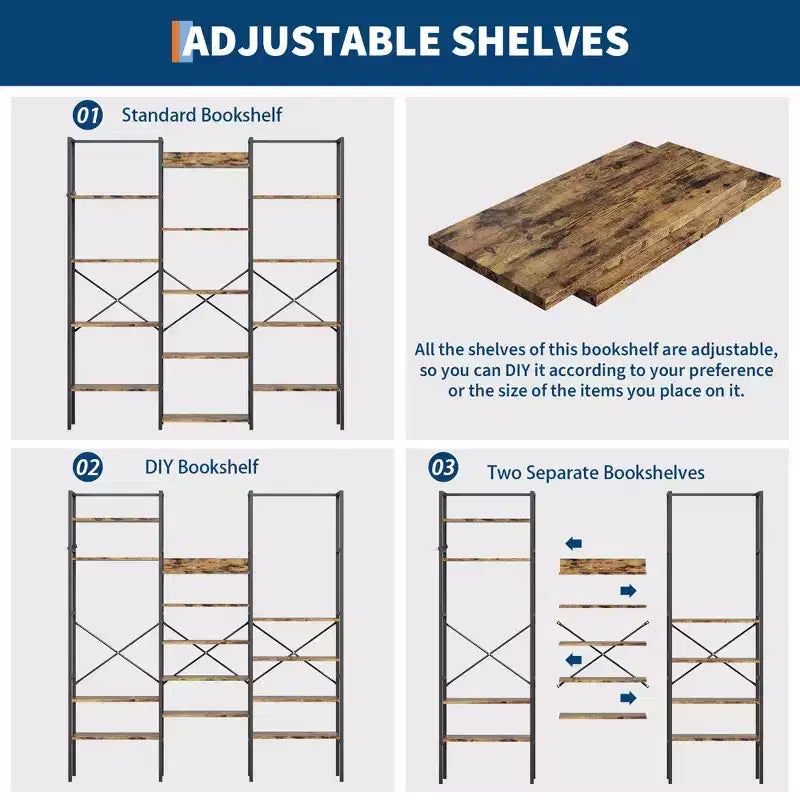 5-Tier Industrial Bookcase with 14 Open Shelves, 63.4W