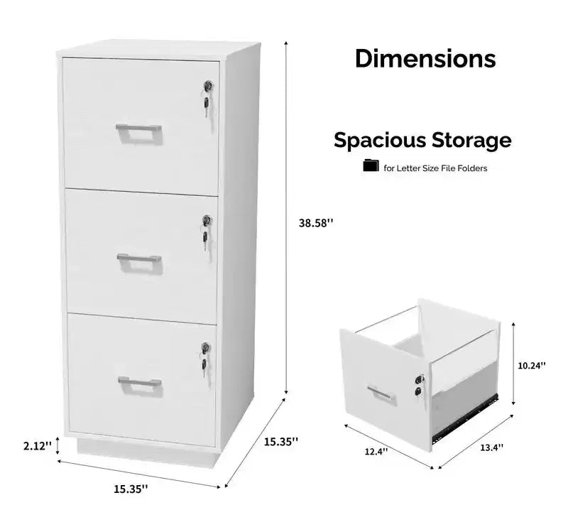 3-Drawer White MDF Vertical File Cabinet with Lock, 15.35