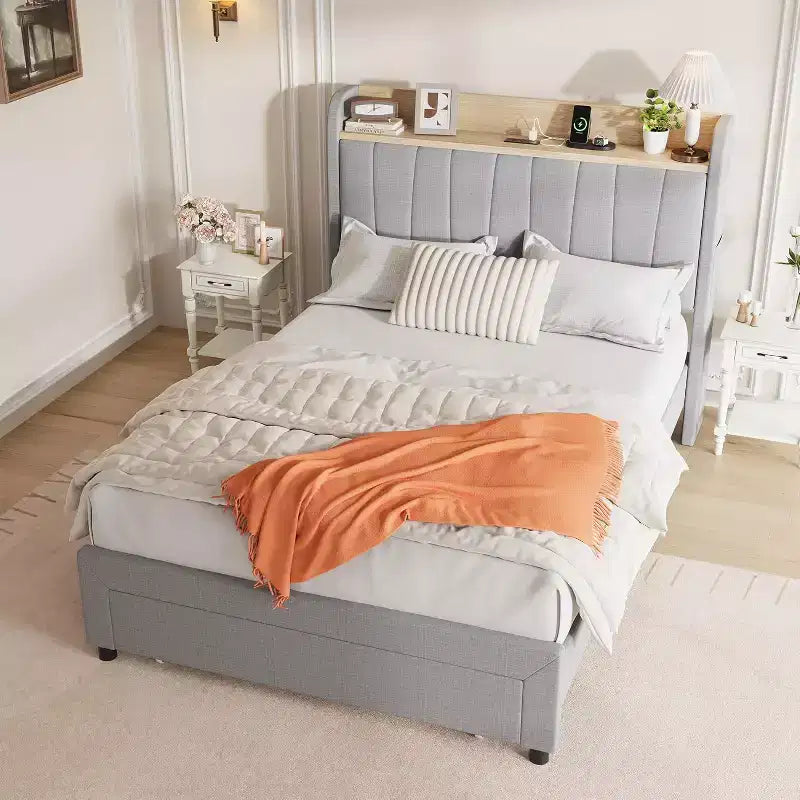 Full Size Bed Frame with Storage Headboard, Metal Platform BedFrame with Large Drawers, No Box Spring Needed, Easy Assembly, Beige