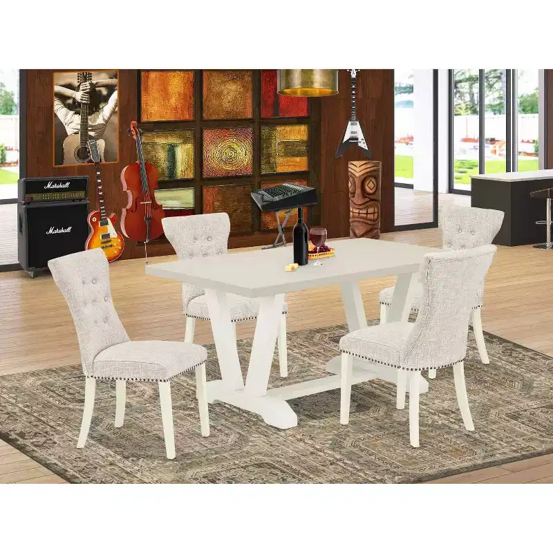 HomeStock 5-Piece Rectangle Natural Oak Finish Solid Wood Top Dining Table with 4 Parson Chair