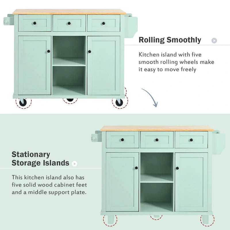 White Rolling Kitchen Island Cart with 5 Wheels Drop Leaf Rubberwood Top 3 Drawers and Spice Rack