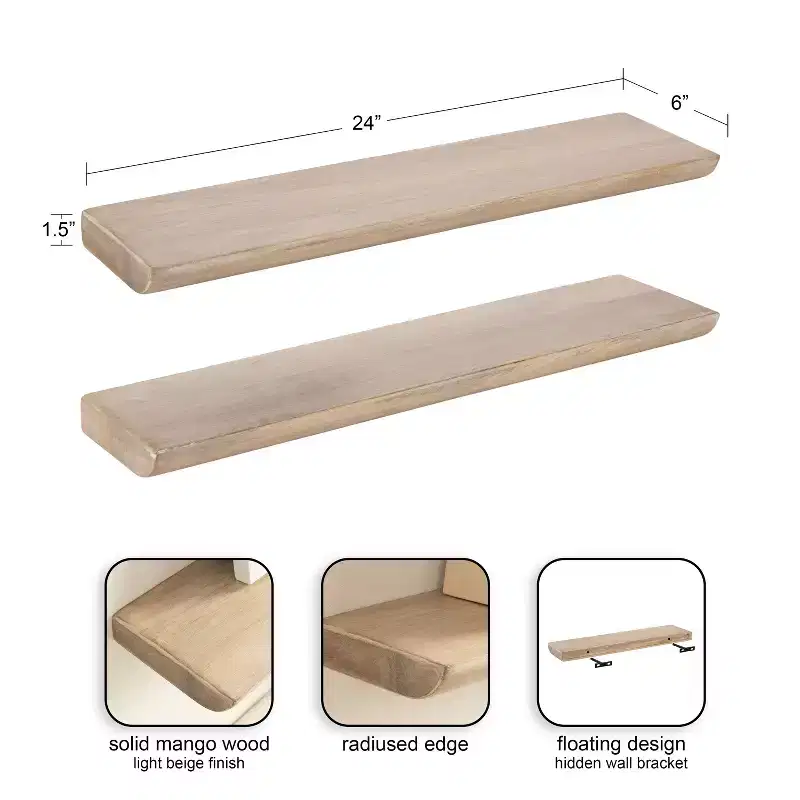 Kate and Laurel Burena Wood Floating Shelves, Natural, 2 Piece 24 Inch