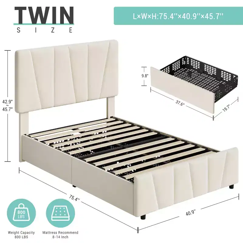 Twin Bed Frame with Adjustable Headboard & 2 Drawers - Velvet Tufted Platform, Wood Slats, No Box Spring, Beige/Cream