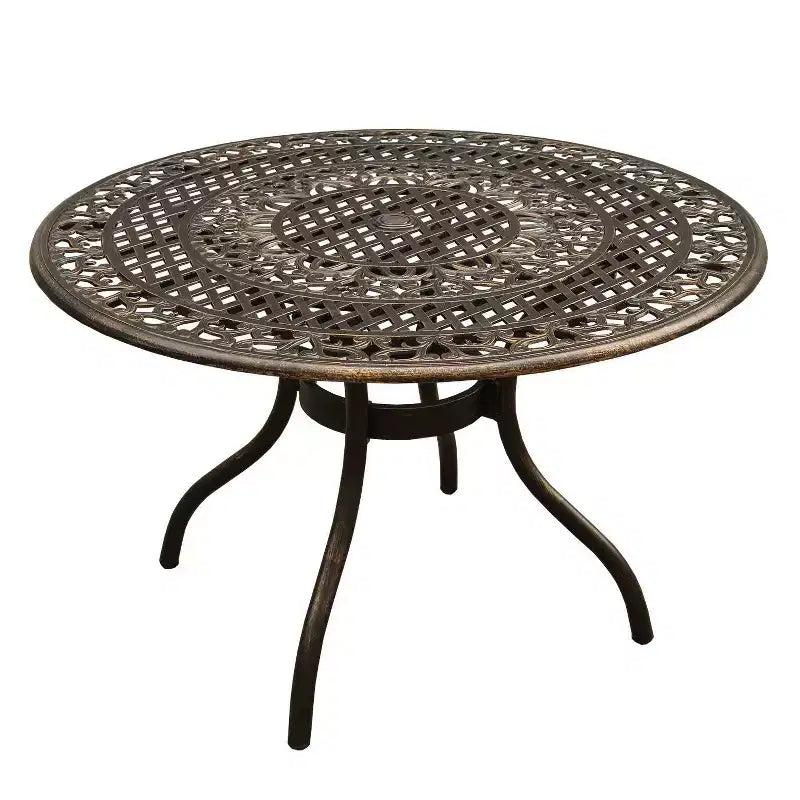 5pc Outdoor Dining Set with Ornate Traditional Mesh Lattice Aluminum 48" Round Dining Table & 4 Chairs - Bronze - Oakland Living