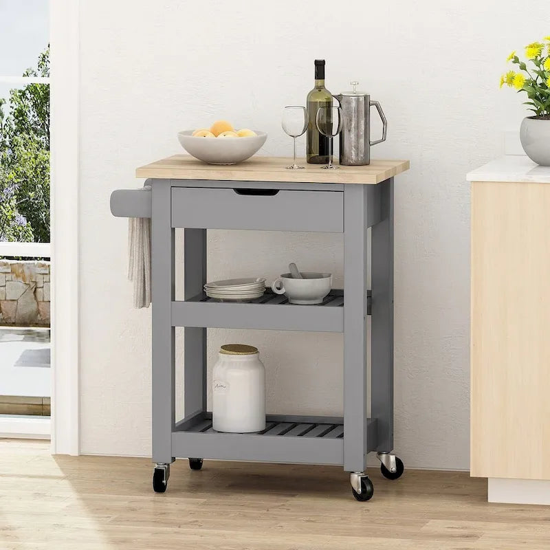 Compact Rolling Kitchen Cart with Rubberwood Top Drawer 2 Slatted Shelves and Towel Rack
