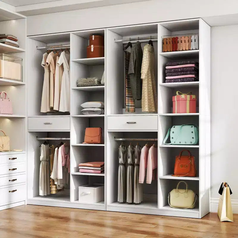 CLIHOME Freestanding Closet System, Standalone Wardrobe with 6 Open Shelves, Wood Walk-in Closet, White