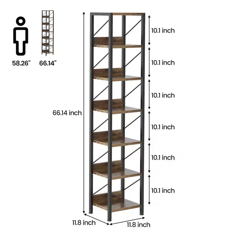 COZONY Narrow 6 Tier Bookshelf, Tall Skinny Bookcase Rustic Metal Frame Display Stand for Corner Bedroom Office