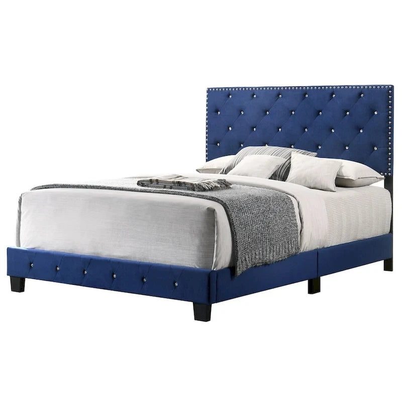 Velvet Tufted Faux Jewel Upholstered Full Panel Bed - Blue